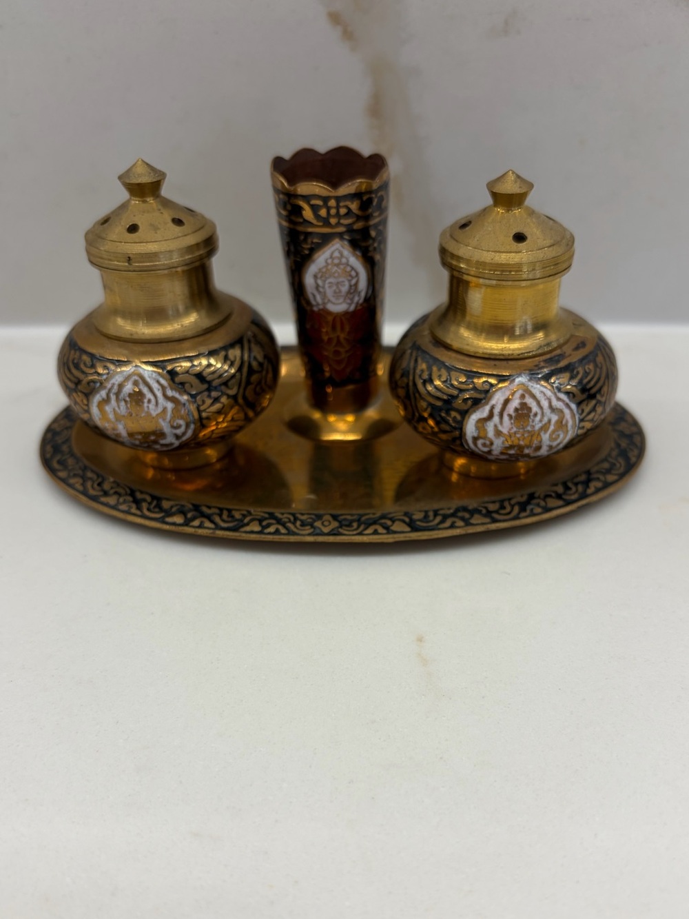 Vintage Brass Cloisonné Salt and Pepper Shaker Set Toothpick Holder, Thailand